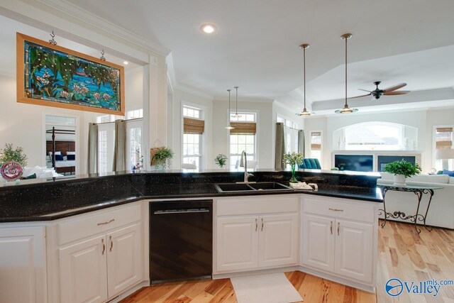 227 Lee Bowden Dr, Huntsville, AL 35806 - kitchen with dishwasher, a sink, ornamental molding, open floor plan, and light wood-style floors
