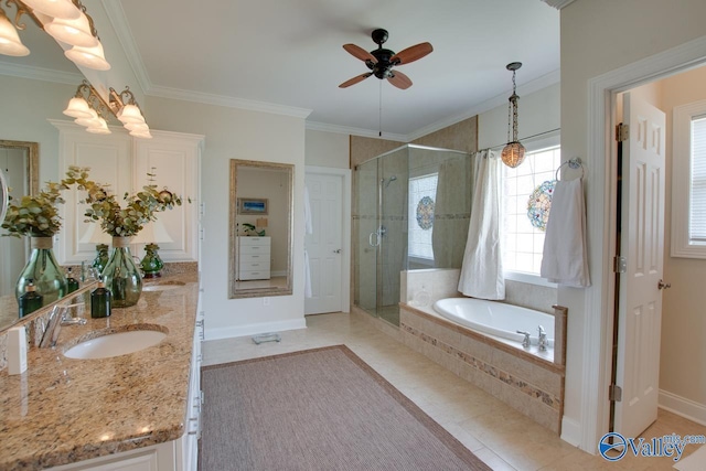 227 Lee Bowden Dr, Huntsville, AL 35806 - full bath with a stall shower, a bath, tile patterned floors, a ceiling fan, and ornamental molding