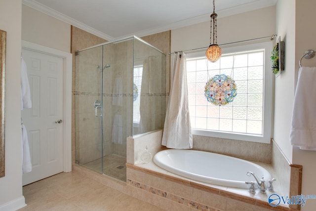 227 Lee Bowden Dr, Huntsville, AL 35806 - bathroom featuring a shower stall, a bath, ornamental molding, and tile patterned floors