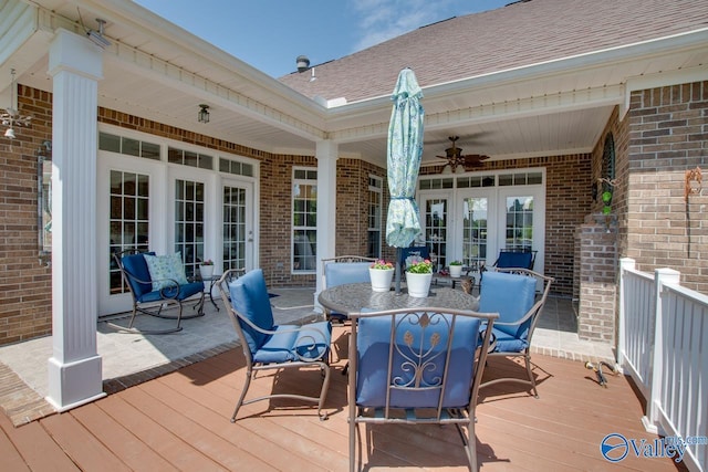 227 Lee Bowden Dr, Huntsville, AL 35806 - wooden terrace featuring a ceiling fan, french doors, and outdoor dining area