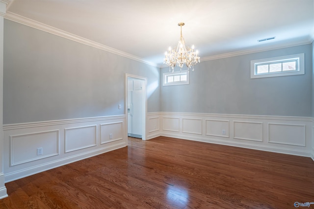 unfurnished dining area with a wealth of natural light, visible vents, an inviting chandelier, and wood finished floors