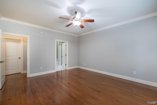 unfurnished bedroom with wood finished floors, connected bathroom, crown molding, baseboards, and ceiling fan