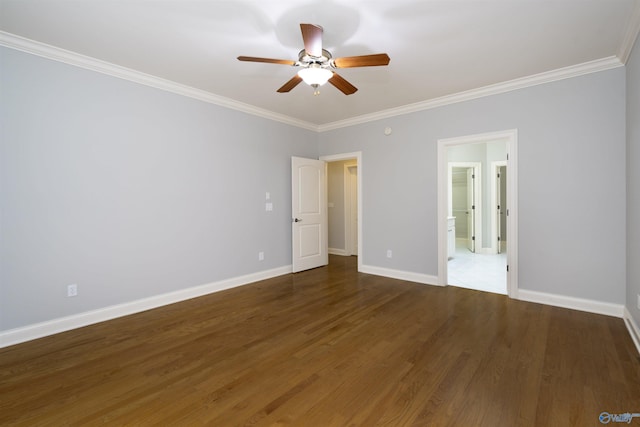 unfurnished bedroom with crown molding, ceiling fan, baseboards, wood finished floors, and ensuite bath