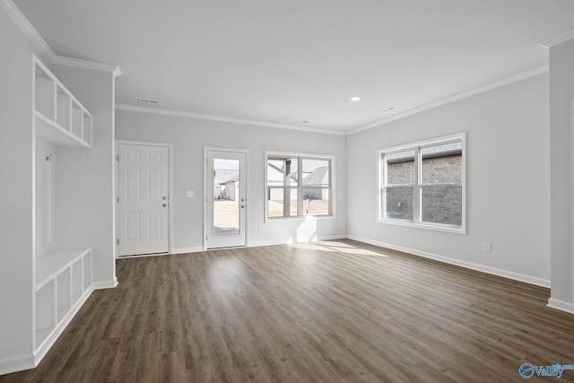 unfurnished living room featuring crown molding and dark hardwood / wood-style flooring