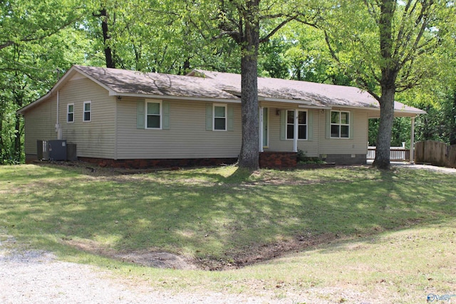 ranch-style home with central air condition unit, crawl space, a front yard, and fence