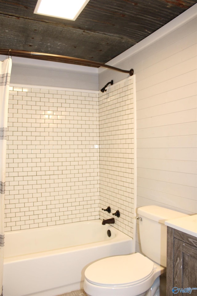 full bathroom with toilet, wooden walls, shower / tub combo, wooden ceiling, and vanity