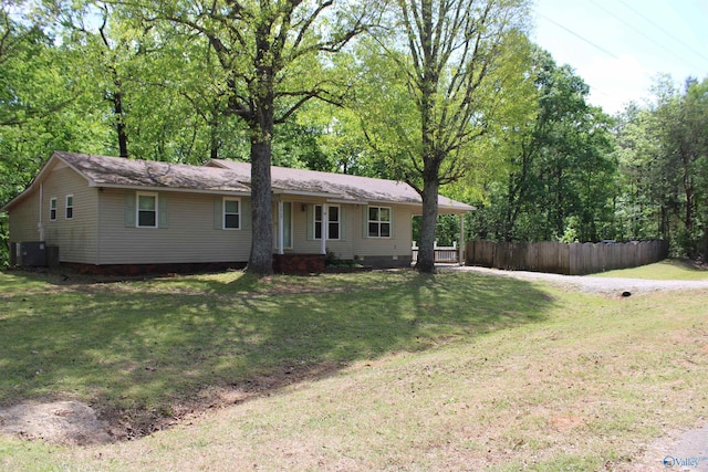 ranch-style house with fence, crawl space, a front yard, and central AC unit