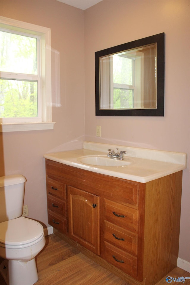 bathroom featuring plenty of natural light, toilet, vanity, and wood finished floors