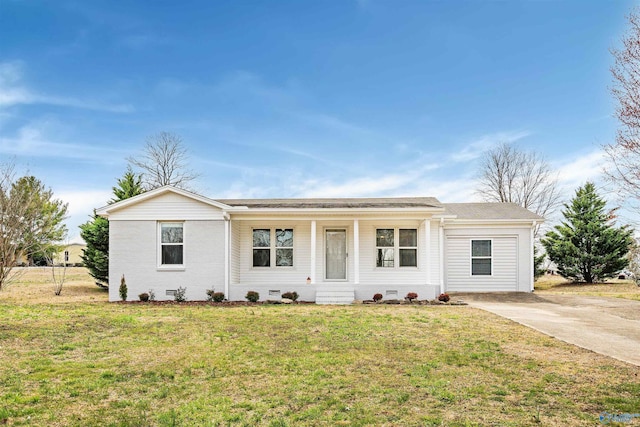 ranch-style home featuring crawl space, a front lawn, concrete driveway, and brick siding