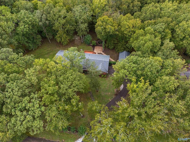 birds eye view of property featuring a wooded view