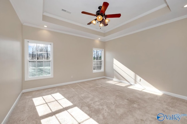 carpeted spare room featuring ceiling fan, a wealth of natural light, and a tray ceiling