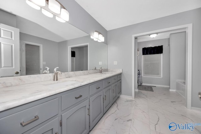 156 San Leonardo Way, Huntsville, AL 35811 - full bathroom with double vanity, marble look tile flooring, baseboards, a bathtub, and a shower with shower curtain
