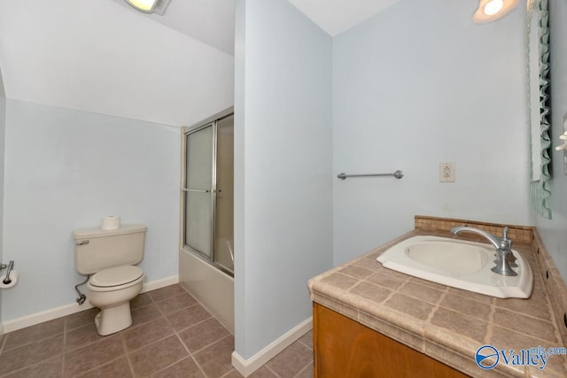 156 San Leonardo Way, Huntsville, AL 35811 - bathroom with toilet, tile patterned floors, lofted ceiling, baseboards, and shower / bath combination with glass door