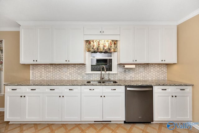 156 San Leonardo Way, Huntsville, AL 35811 - kitchen featuring dishwasher, a sink, light stone counters, light floors, and crown molding