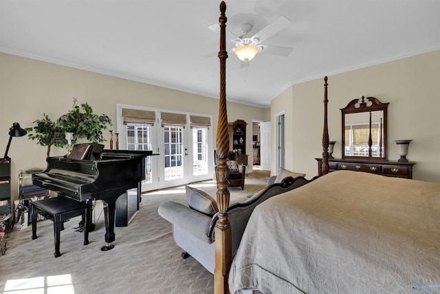 carpeted bedroom with ceiling fan, french doors, crown molding, and access to exterior