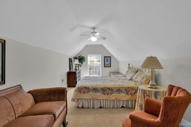 carpeted bedroom featuring ceiling fan and lofted ceiling