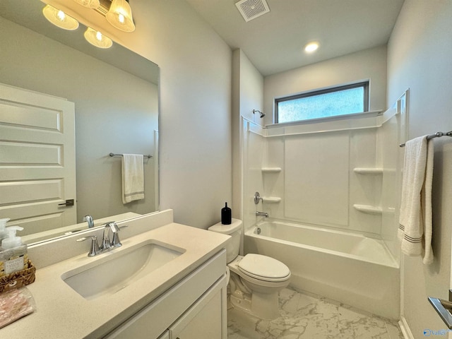 bathroom with marble look tile flooring, toilet, washtub / shower combination, vanity, and recessed lighting