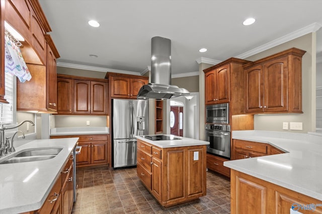 2201 Martinwood Ln SW, Decatur, AL 35603 - kitchen with appliances with stainless steel finishes, island range hood, a sink, ornamental molding, and a center island