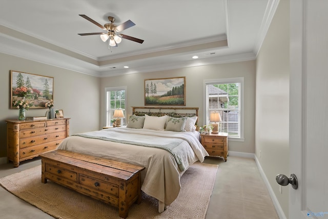 2201 Martinwood Ln SW, Decatur, AL 35603 - bedroom with a raised ceiling, ornamental molding, light colored carpet, baseboards, and recessed lighting
