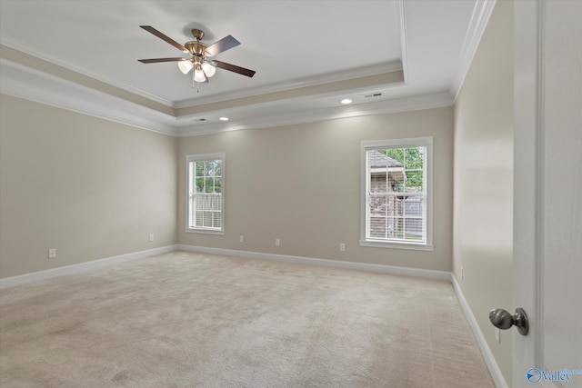 2201 Martinwood Ln SW, Decatur, AL 35603 - spare room with a raised ceiling, ornamental molding, light colored carpet, ceiling fan, and baseboards