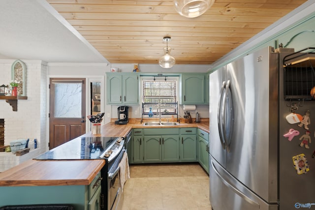 kitchen featuring green cabinetry, wooden ceiling, butcher block counters, stainless steel appliances, and a sink