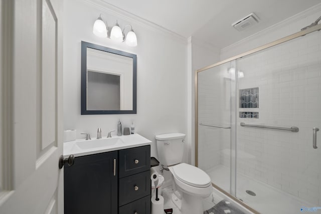 full bath with toilet, ornamental molding, a shower stall, and visible vents