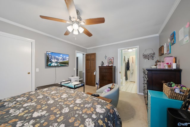 bedroom featuring light carpet, ornamental molding, and a ceiling fan