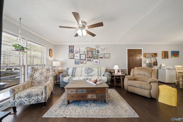 living area featuring a textured ceiling, wood finished floors, a ceiling fan, and crown molding