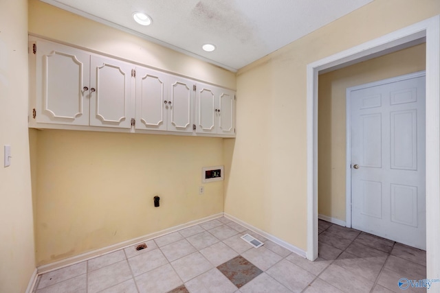 clothes washing area featuring visible vents, recessed lighting, cabinet space, hookup for a washing machine, and light tile patterned flooring