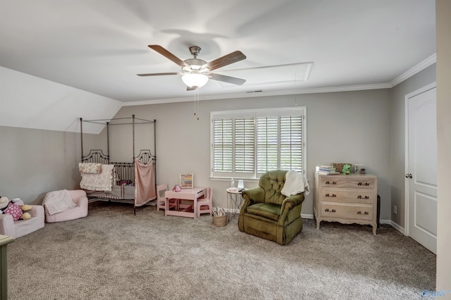 carpeted bedroom featuring crown molding, vaulted ceiling, and ceiling fan