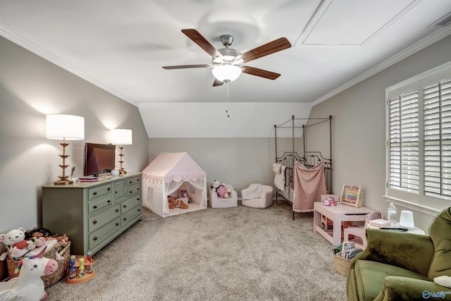 game room with vaulted ceiling, light colored carpet, ceiling fan, and crown molding