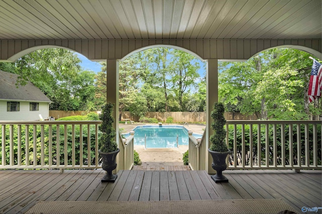 deck with a fenced in pool