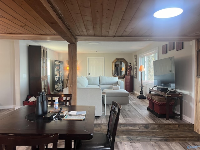 dining room featuring wooden ceiling, wood finished floors, and baseboards