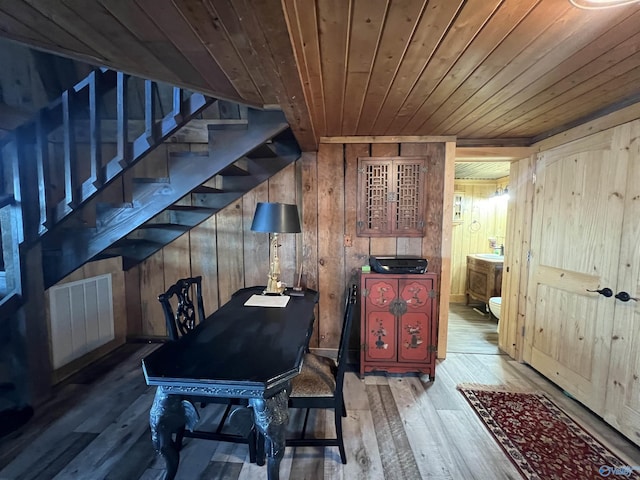 interior space with wooden ceiling, visible vents, stairway, and wood finished floors