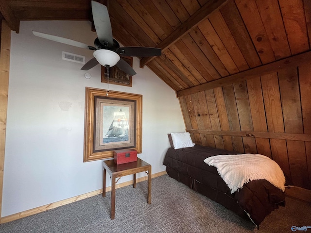 bedroom with vaulted ceiling with beams, wooden ceiling, visible vents, and carpet floors