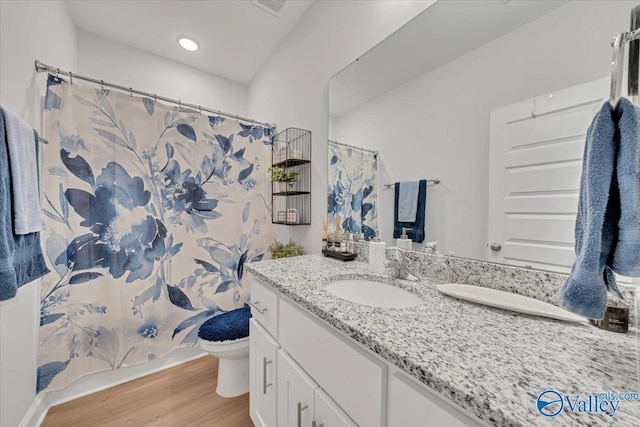 16604 Demi Dr, Athens, AL 35613 - bathroom featuring toilet, a shower with shower curtain, wood finished floors, and vanity