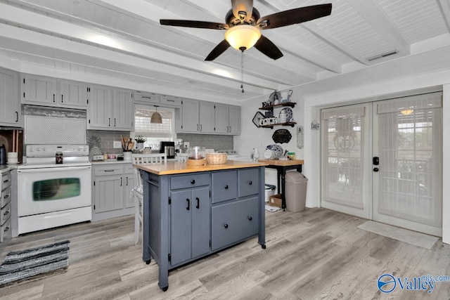 kitchen with wooden counters, beam ceiling, light wood-type flooring, and white range with electric stovetop