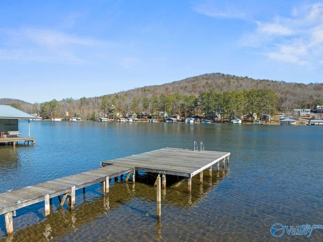 view of dock with a water and mountain view