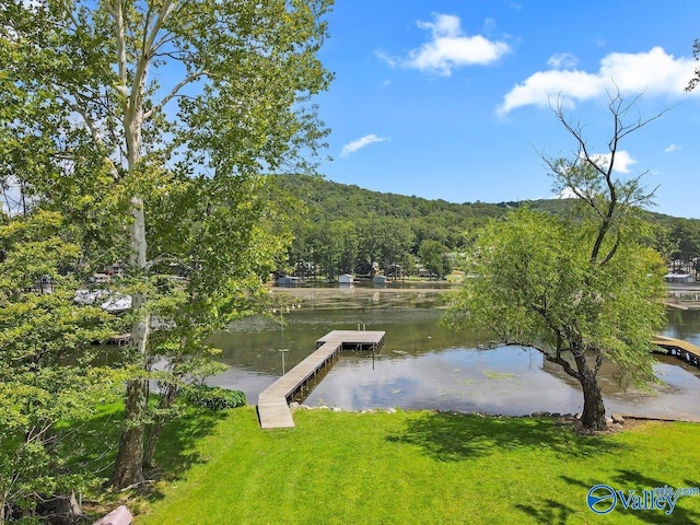 view of dock featuring a water view and a lawn