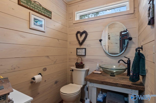 bathroom with wooden walls, vanity, and toilet