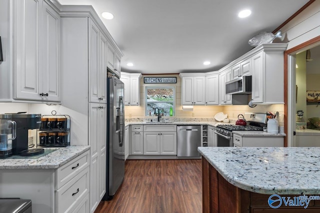 kitchen with sink, light stone counters, dark hardwood / wood-style flooring, white cabinets, and appliances with stainless steel finishes