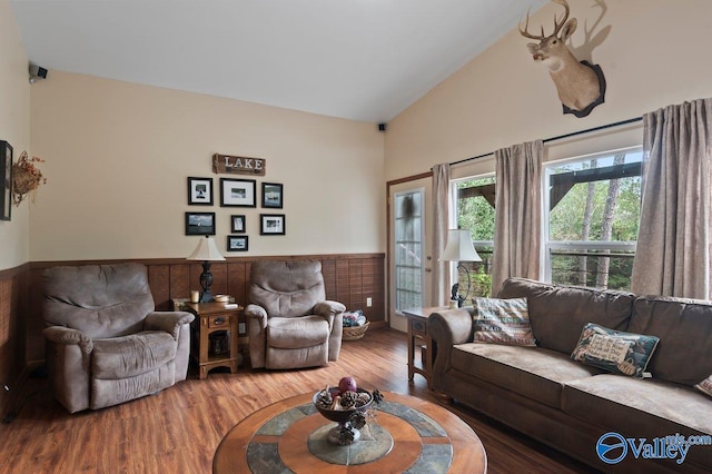 living room with hardwood / wood-style floors and high vaulted ceiling