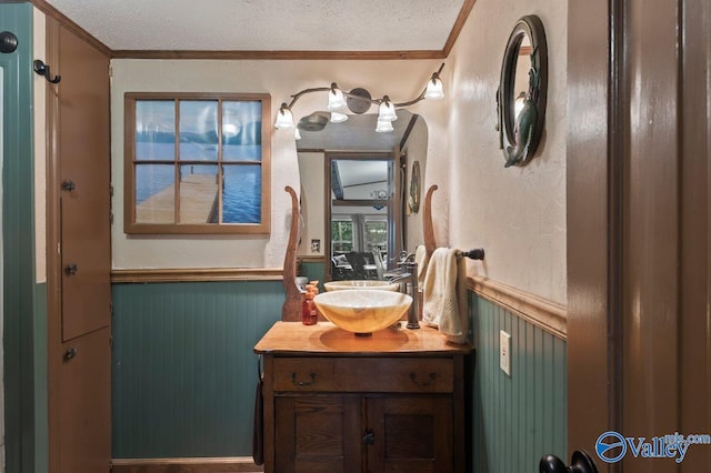 bathroom featuring crown molding, wood walls, vanity, and a textured ceiling