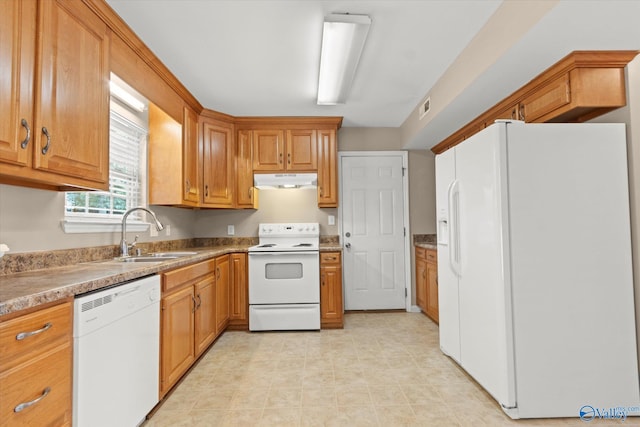 kitchen with under cabinet range hood, white appliances, a sink, visible vents, and brown cabinetry