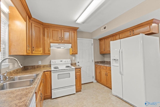 kitchen featuring light countertops, visible vents, a sink, white appliances, and under cabinet range hood