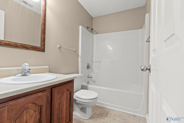 bathroom featuring bathtub / shower combination, visible vents, toilet, vanity, and a textured ceiling