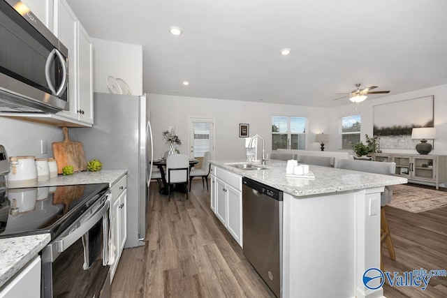 kitchen with stainless steel appliances, a sink, white cabinetry, wood finished floors, and recessed lighting