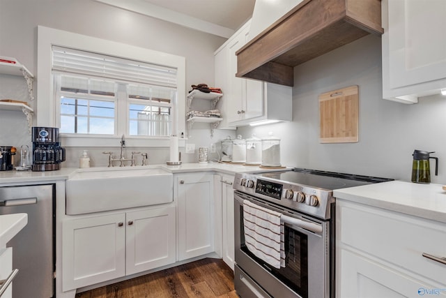 kitchen with stainless steel appliances, white cabinetry, sink, dark wood-type flooring, and custom exhaust hood