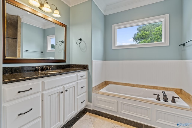 119 Railway Ln SE, Huntsville, AL 35803 - full bath with crown molding, a wainscoted wall, vanity, a bath, and inlaid floor details
