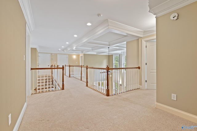 119 Railway Ln SE, Huntsville, AL 35803 - corridor featuring ornamental molding, carpet floors, beamed ceiling, coffered ceiling, and recessed lighting